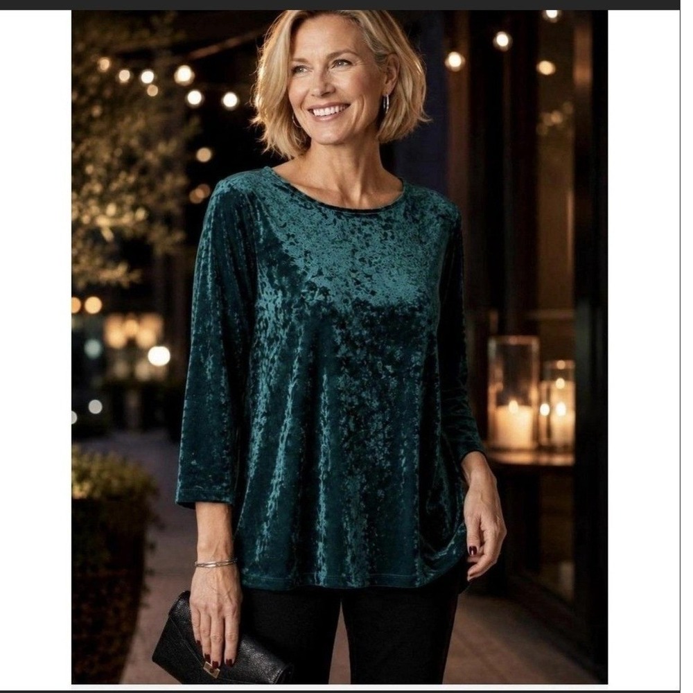 J. Jill Tunic 2X Teal Crushed Velvet Boat Neck Long Sleeve Pullover Velour Glam